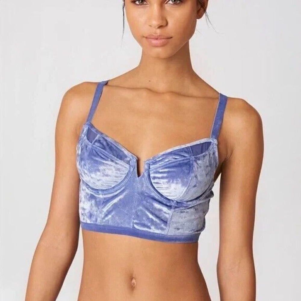 Free People Camille Velvet Bustier Longline Push Up Bra Blue 36C Underwire